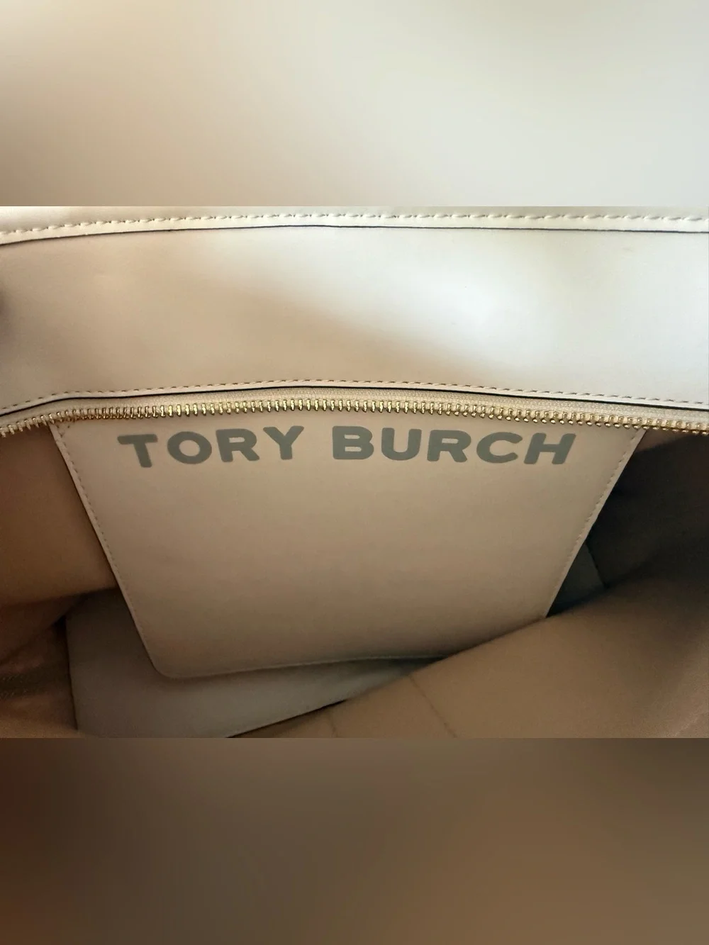 Tory Burch Cream and Light Blue Logo-Print Canvas Tote
